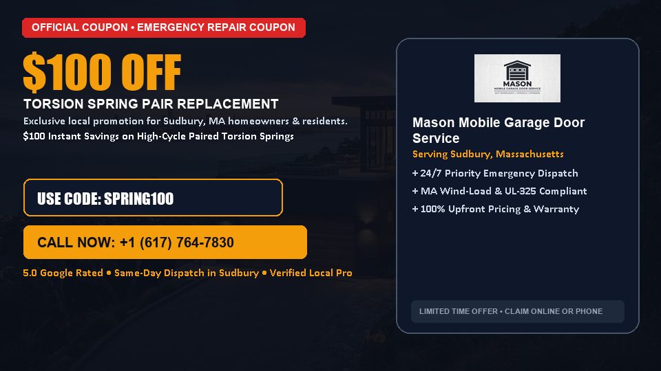 $100 OFF Dual High-Cycle Torsion Spring Replacement in Sudbury, MA - Mason Mobile Garage Door Service